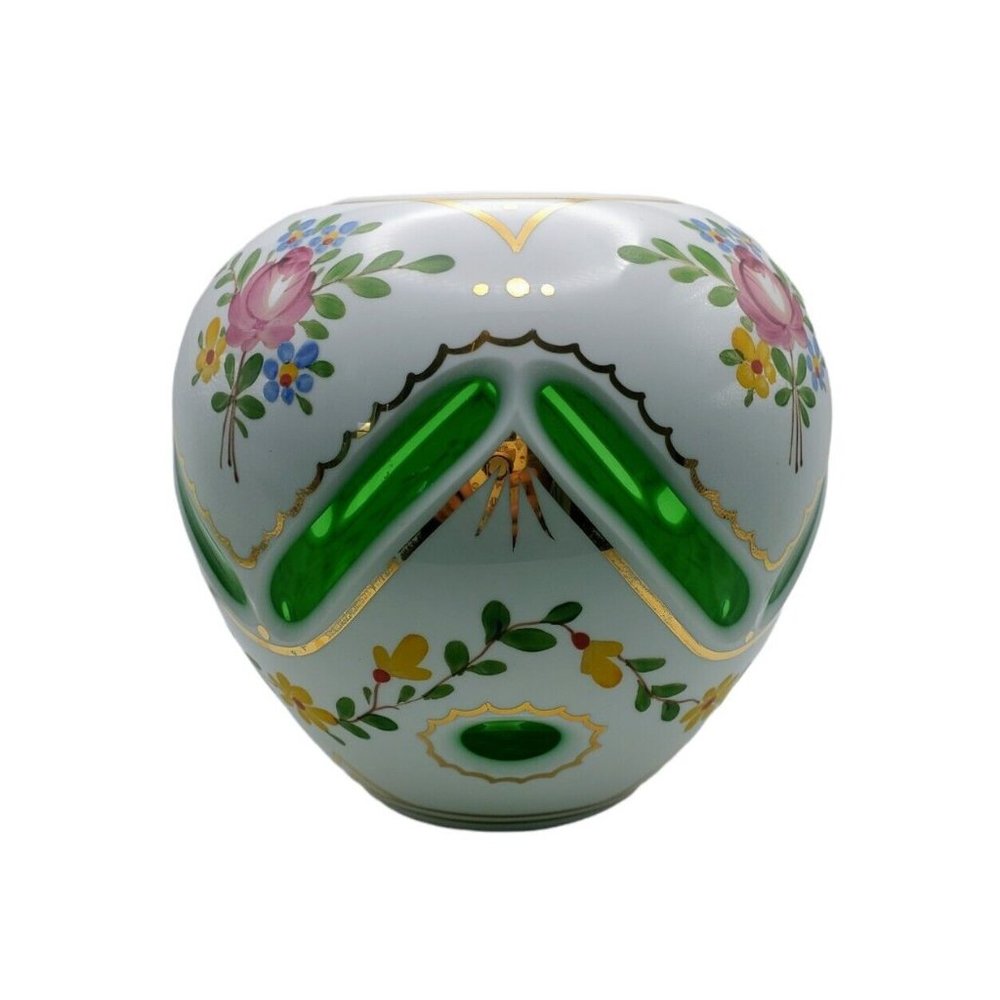 MOSER BOHEMIAN CZECH FLORAL MILKGLASS CUT AWAY TO GREEN CASED VASE 6"
